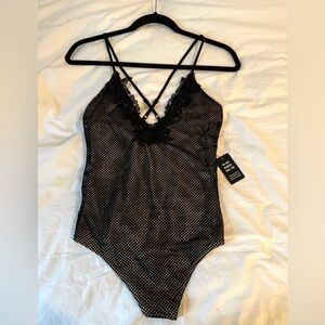 NWT: EXPRESS Black Fishnet Lace-Trim Bodysuit